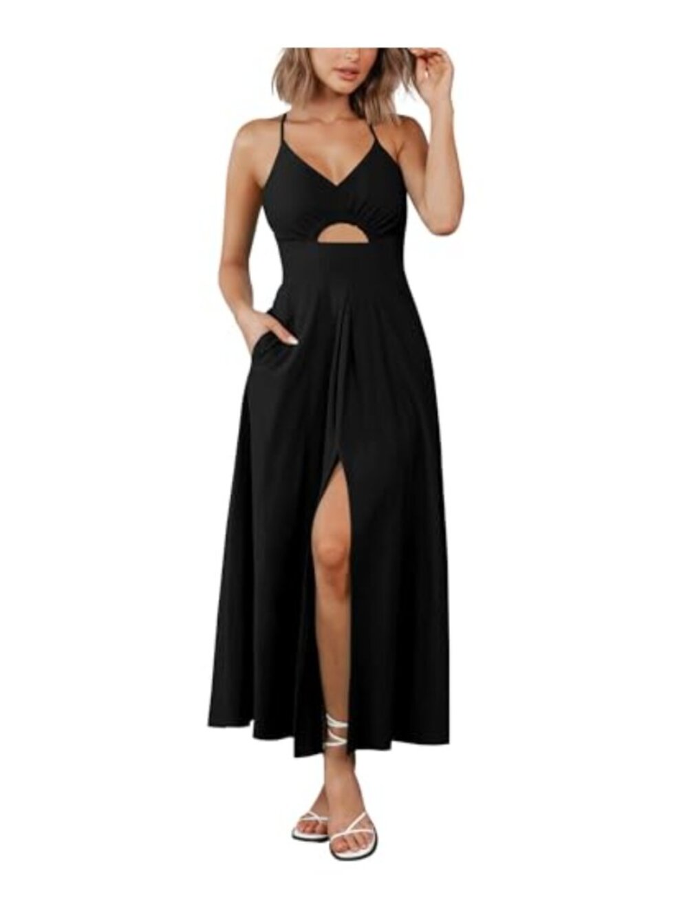 Sleeveless V-Neck Cutout Maxi Dress with Pockets, Spaghetti Strap Beach Party